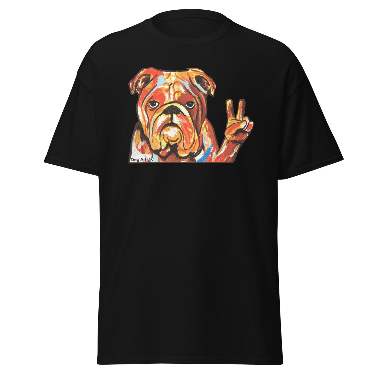 English Bulldog doing the peace sign men's t-shirt black by Dog Artistry