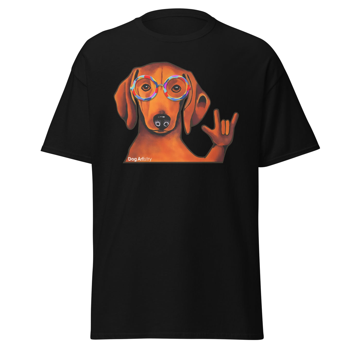 Dachshund doing the Love sign men's t-shirt black by Dog Artistry