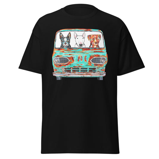 Old Ford with Boston Terrier, English Bull Terrier, and Pit Bull Terrier men's t-shirt black by Dog Artistry