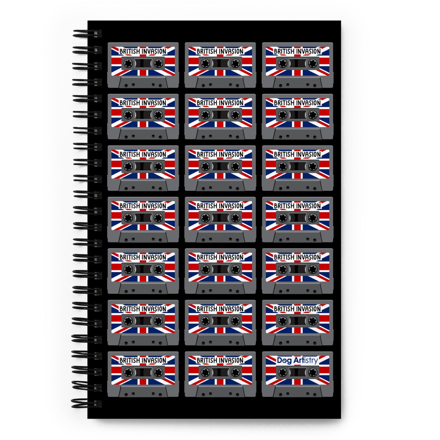 British Invasion Cassette Tapes with Union Jack Flag Spiral notebook designed by Dog Artistry