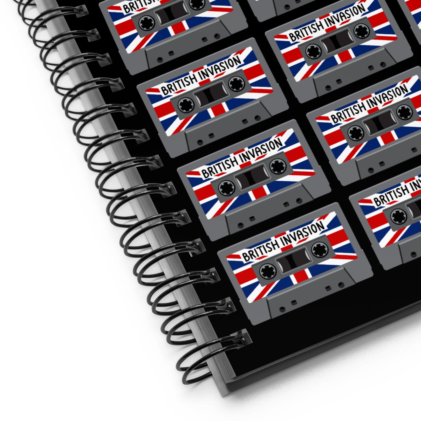 British Invasion Cassette Tapes with Union Jack Flag Spiral notebook designed by Dog Artistry