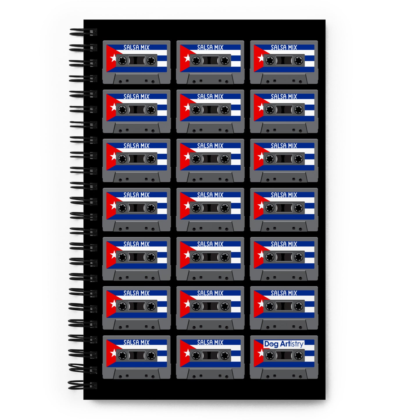 Salsa Cassette Tapes with Cuban Flag Spiral Notebook Design by Dog Artistry
