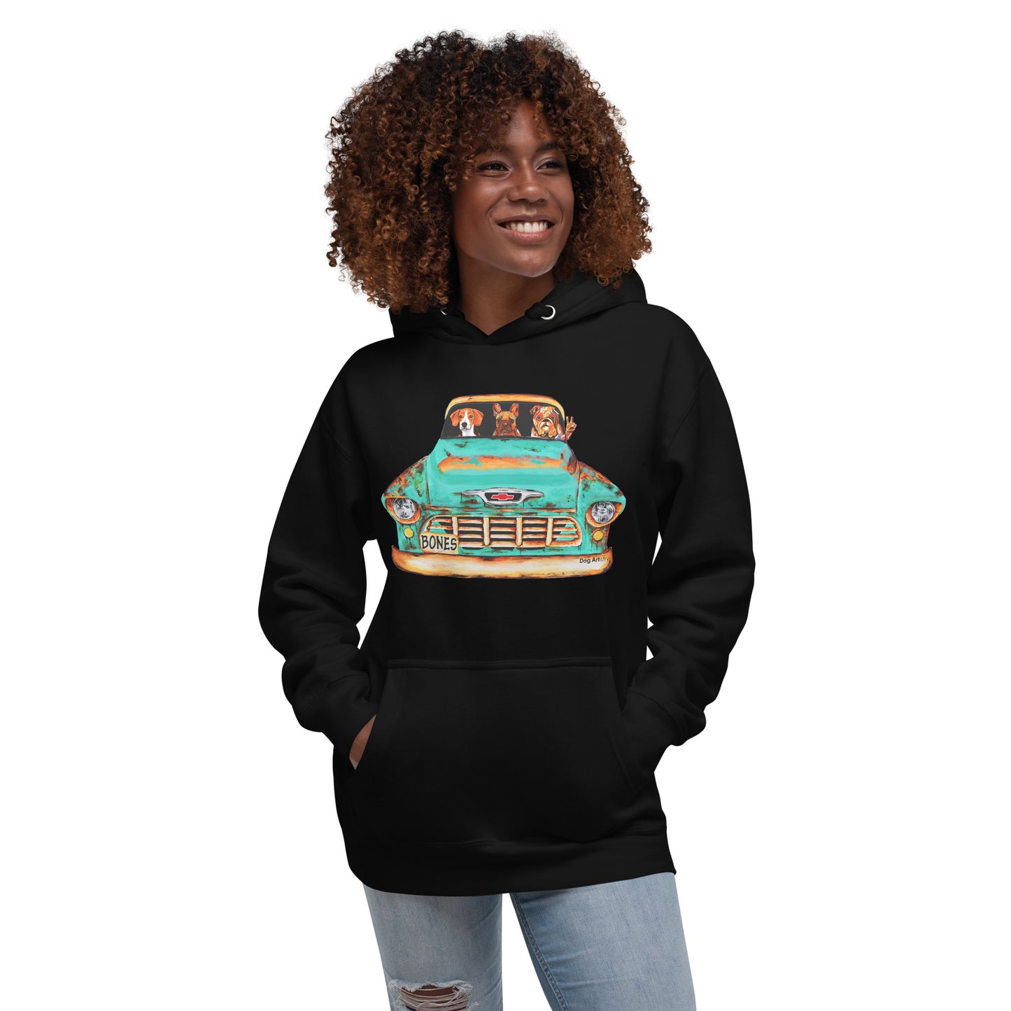 Dog Artistry Unisex Hoodie of a 55 Chevy Truck with Beagle, French Bulldog, and English Bulldog