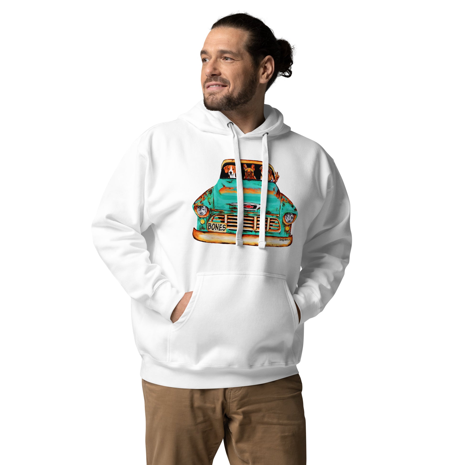 Dog Artistry Unisex Hoodie of a 55 Chevy Truck with Beagle, French Bulldog, and English Bulldog