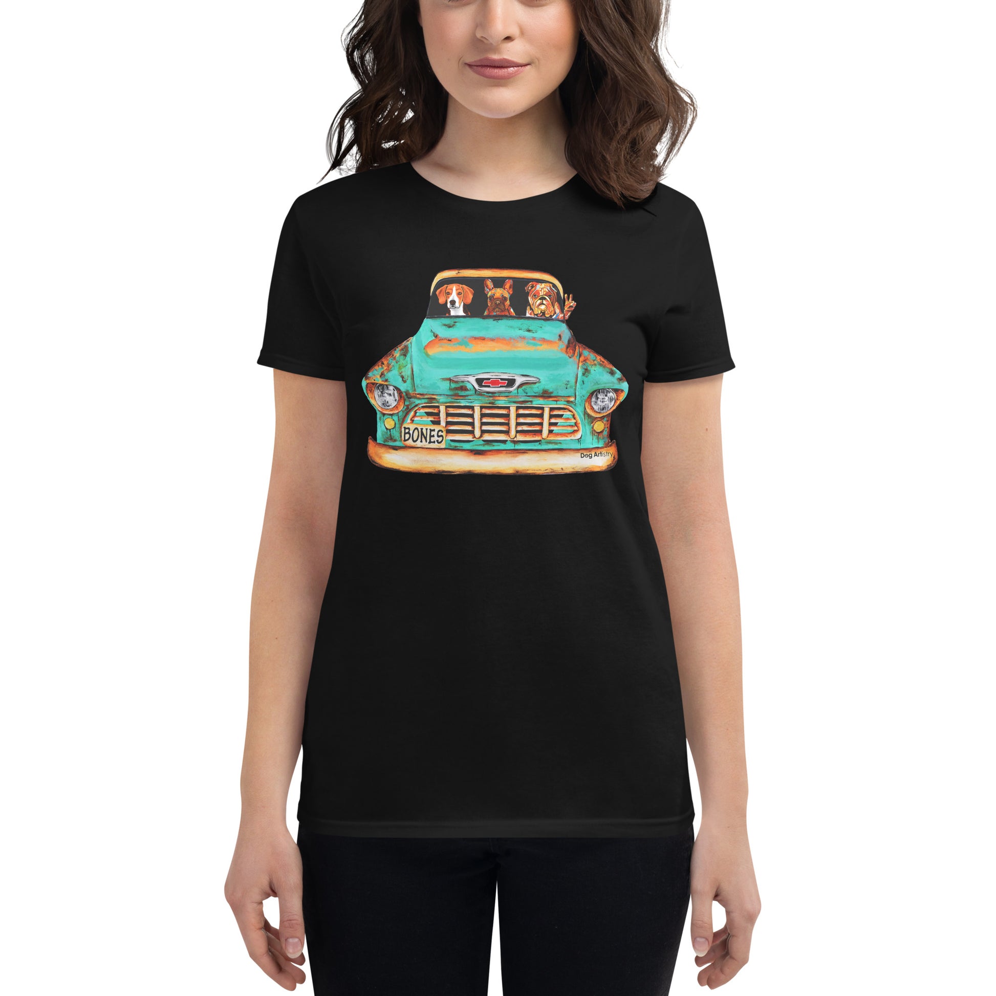 Dog Artistry Women’s T-Shirt of a 55 Chevy Truck with Beagle, French Bulldog, and English Bulldog