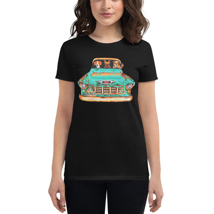 Dog Artistry Women’s T-Shirt of a 55 Chevy Truck with Beagle, French Bulldog, and English Bulldog