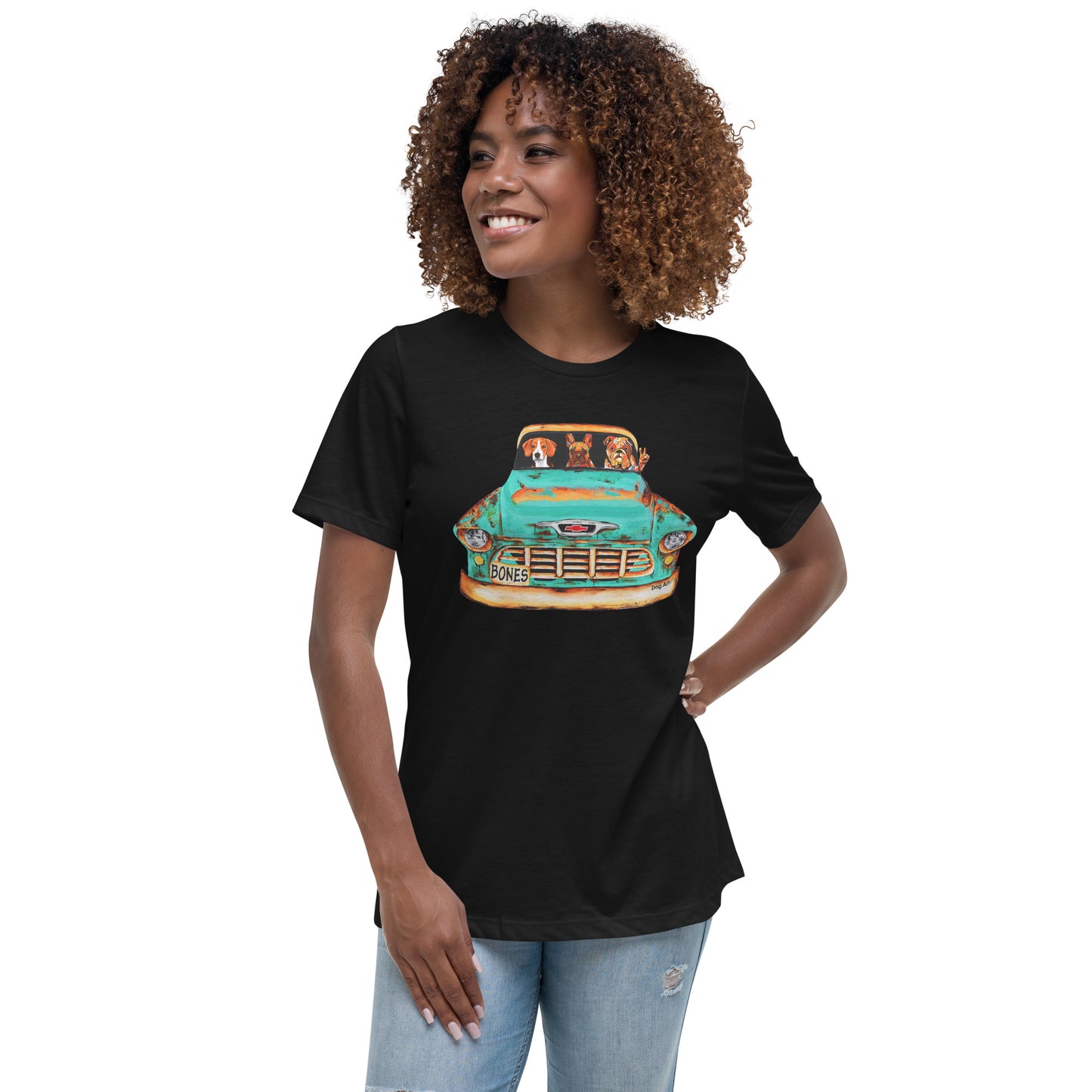 Dog Artistry Relaxed Women’s T-Shirt of a 55 Chevy Truck with Beagle, French Bulldog, and English Bulldog