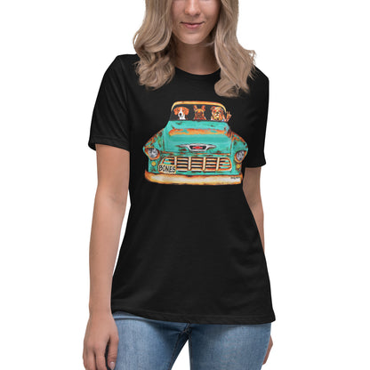 Dog Artistry Relaxed Women’s T-Shirt of a 55 Chevy Truck with Beagle, French Bulldog, and English Bulldog