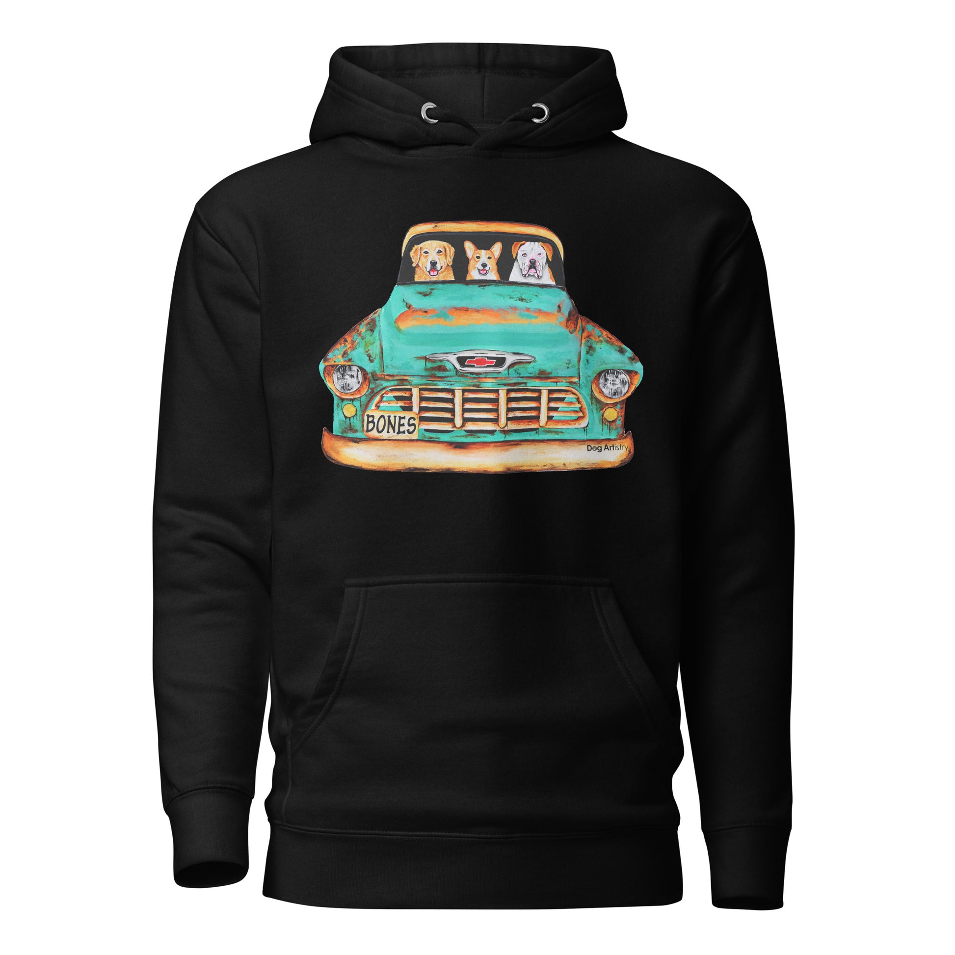 Dog Artistry Unisex Hoodie of a 55 Chevy Truck with Golden Retriever, Corgi, and American Bulldog