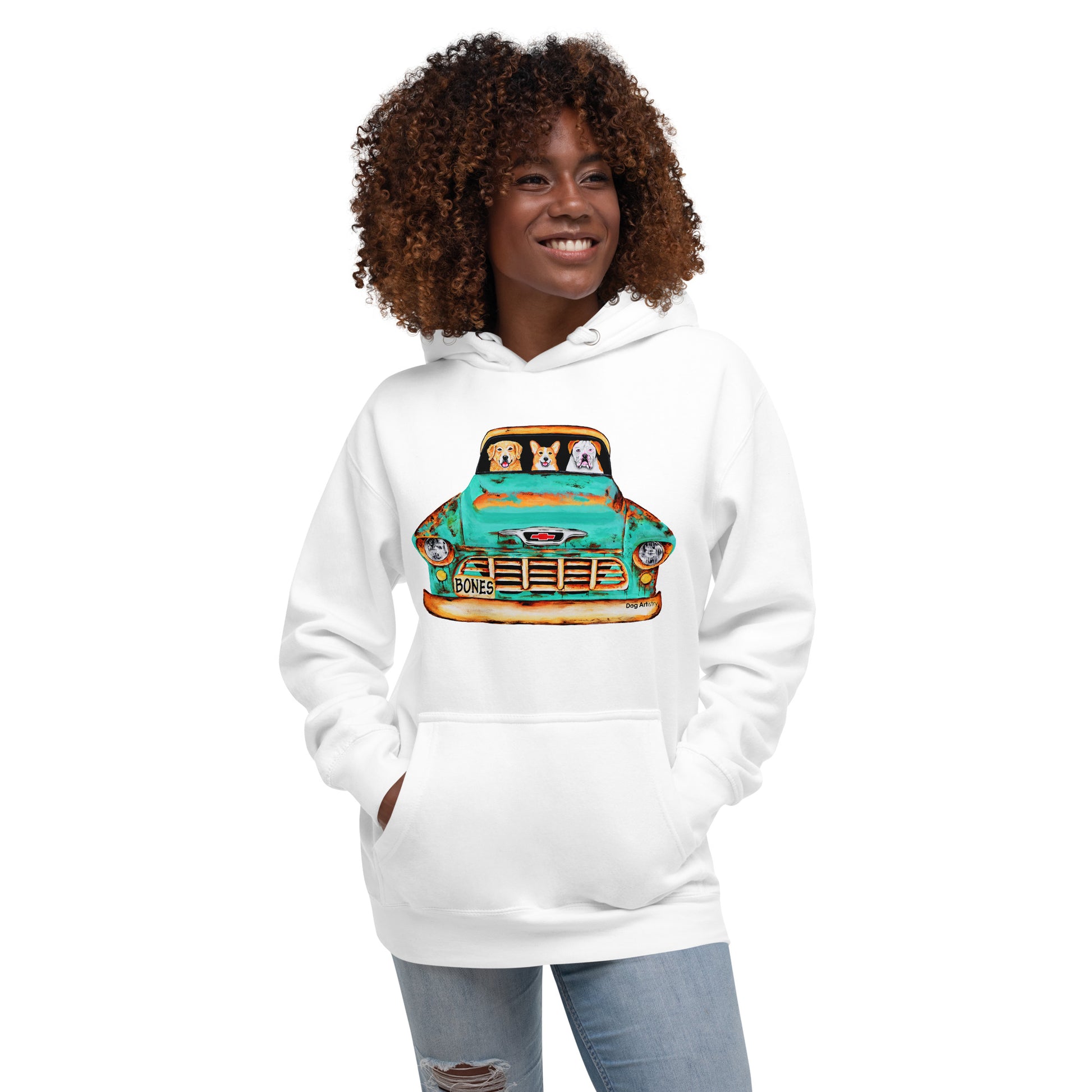 Dog Artistry Unisex Hoodie of a 55 Chevy Truck with Golden Retriever, Corgi, and American Bulldog