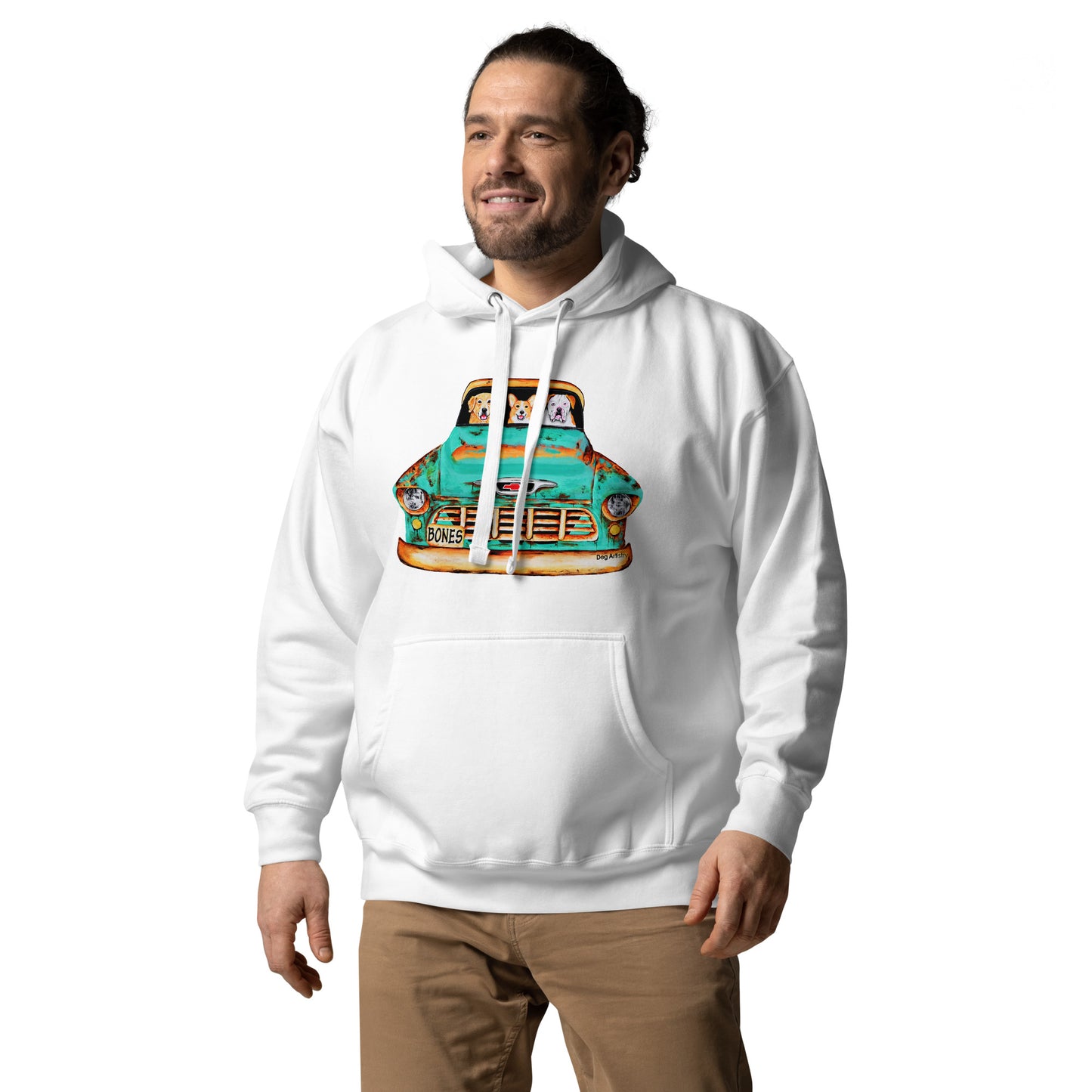 Dog Artistry Unisex Hoodie of a 55 Chevy Truck with Golden Retriever, Corgi, and American Bulldog