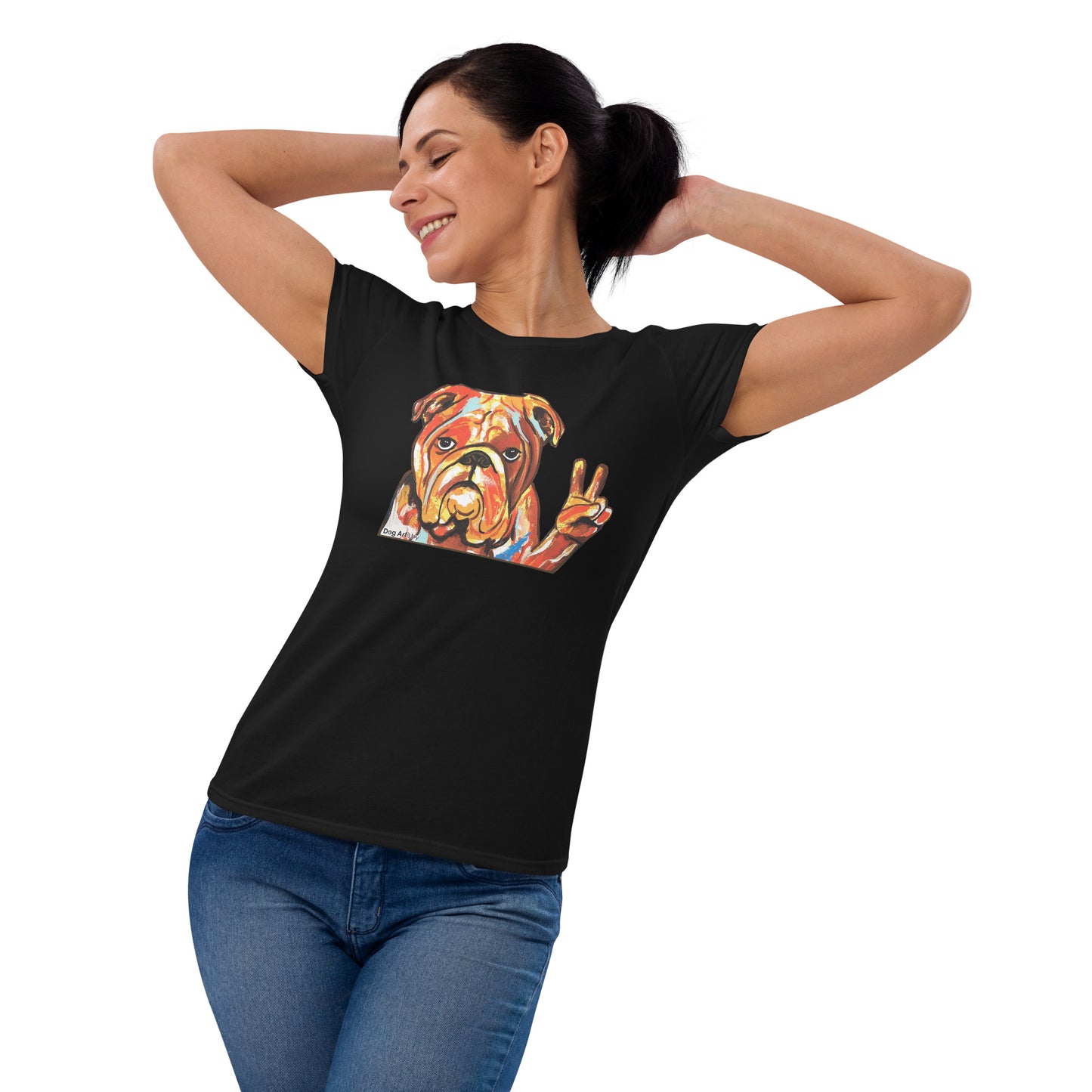 English Bull Terrier doing the peace sign women's t-shirt black by Dog Artistry