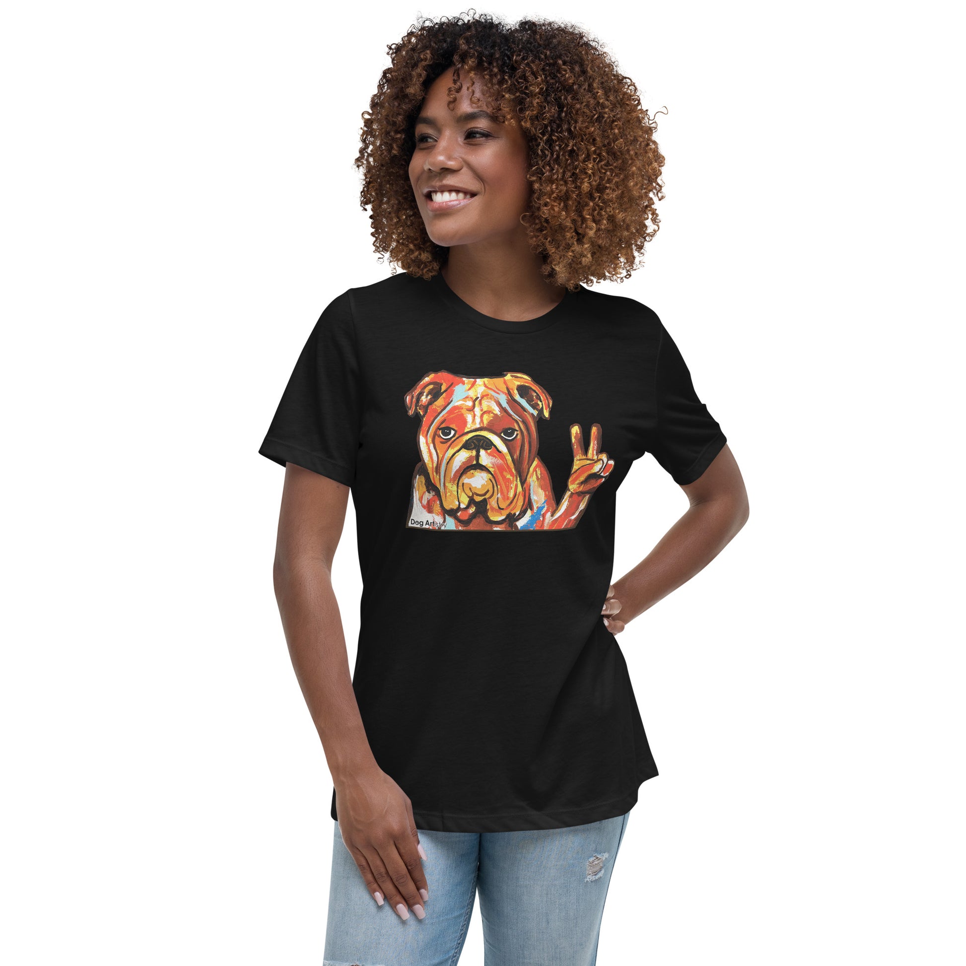 English Bull Terrier doing the peace sign women's t-shirt black by Dog Artistry