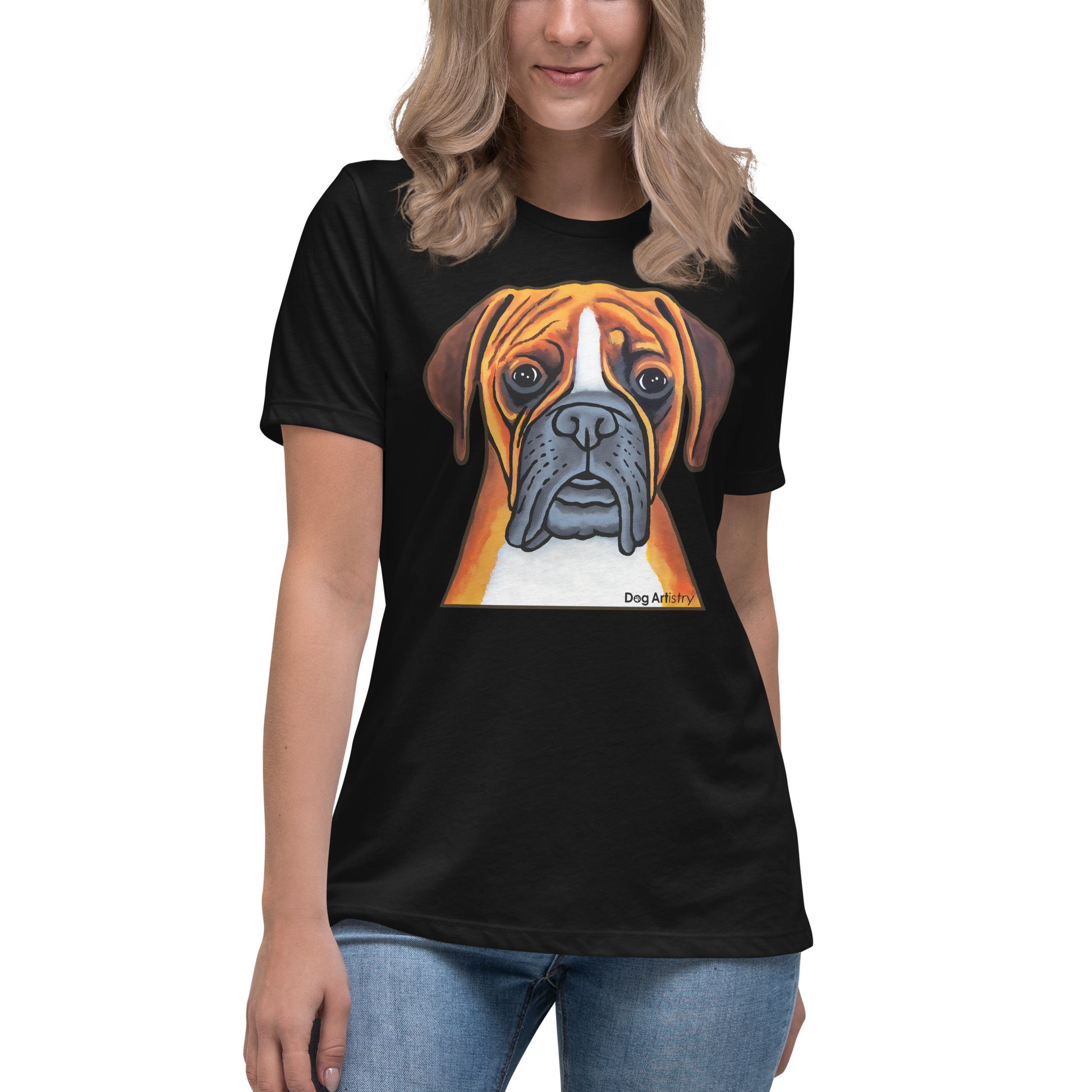 Boxer dog women's t-shirt black by Dog Artistry