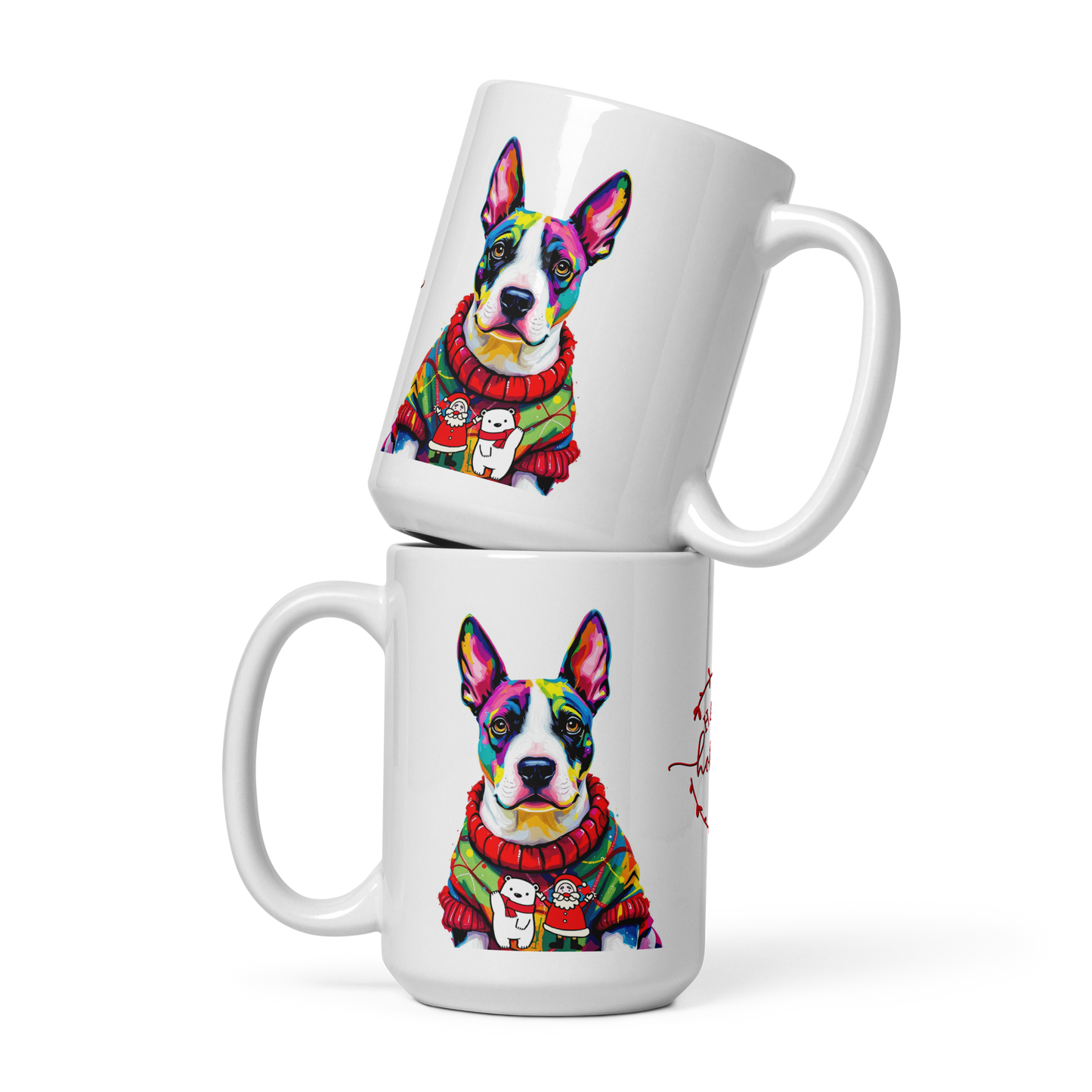 English Bull Terrier Wearing Ugly Christmas Sweater Glossy White Mug