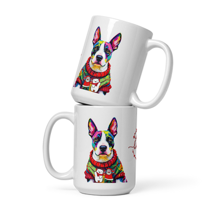 English Bull Terrier Wearing Ugly Christmas Sweater Glossy White Mug