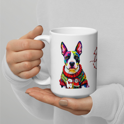 English Bull Terrier Wearing Ugly Christmas Sweater Glossy White Mug