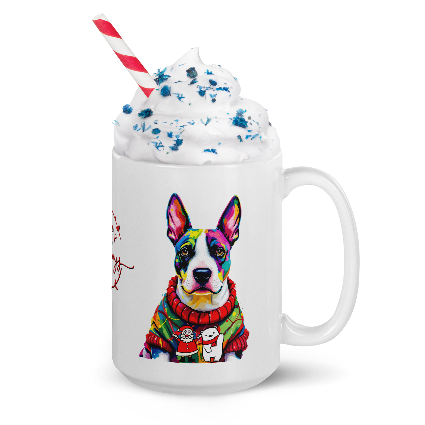 English Bull Terrier Wearing Ugly Christmas Sweater Glossy White Mug
