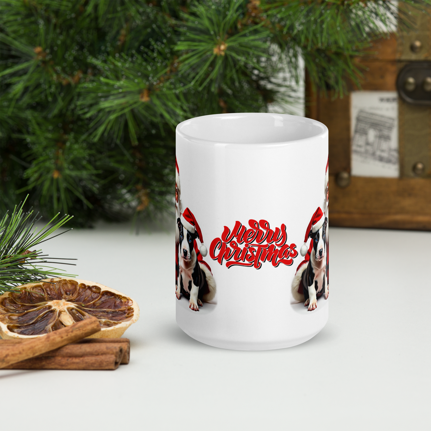 English Bull Terrier Puppies with Santa Claus Glossy White Mug