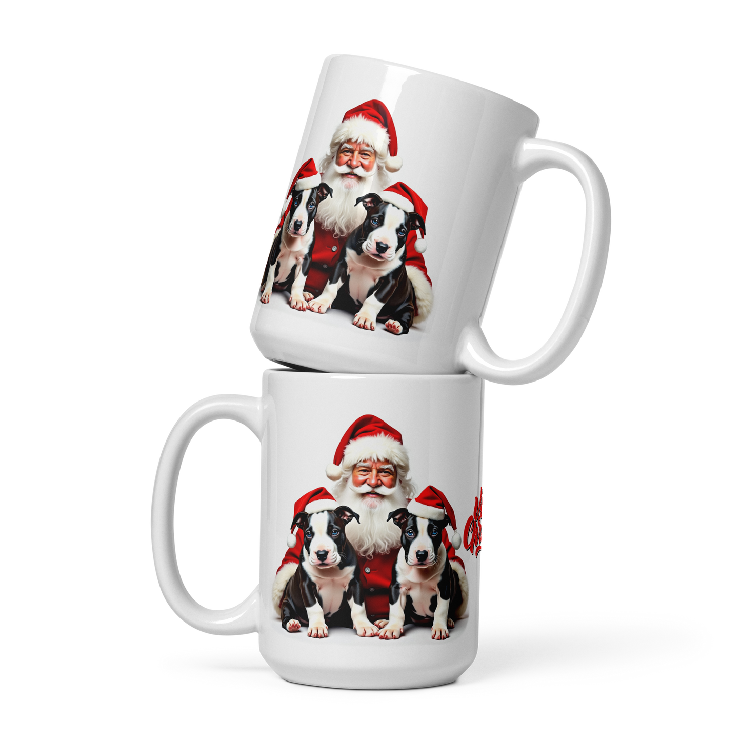 English Bull Terrier Puppies with Santa Claus Glossy White Mug