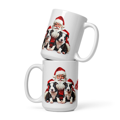 English Bull Terrier Puppies with Santa Claus Glossy White Mug