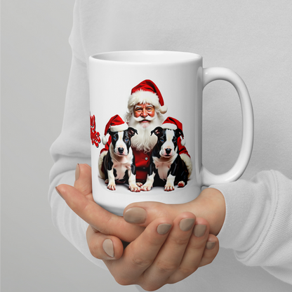 English Bull Terrier Puppies with Santa Claus Glossy White Mug