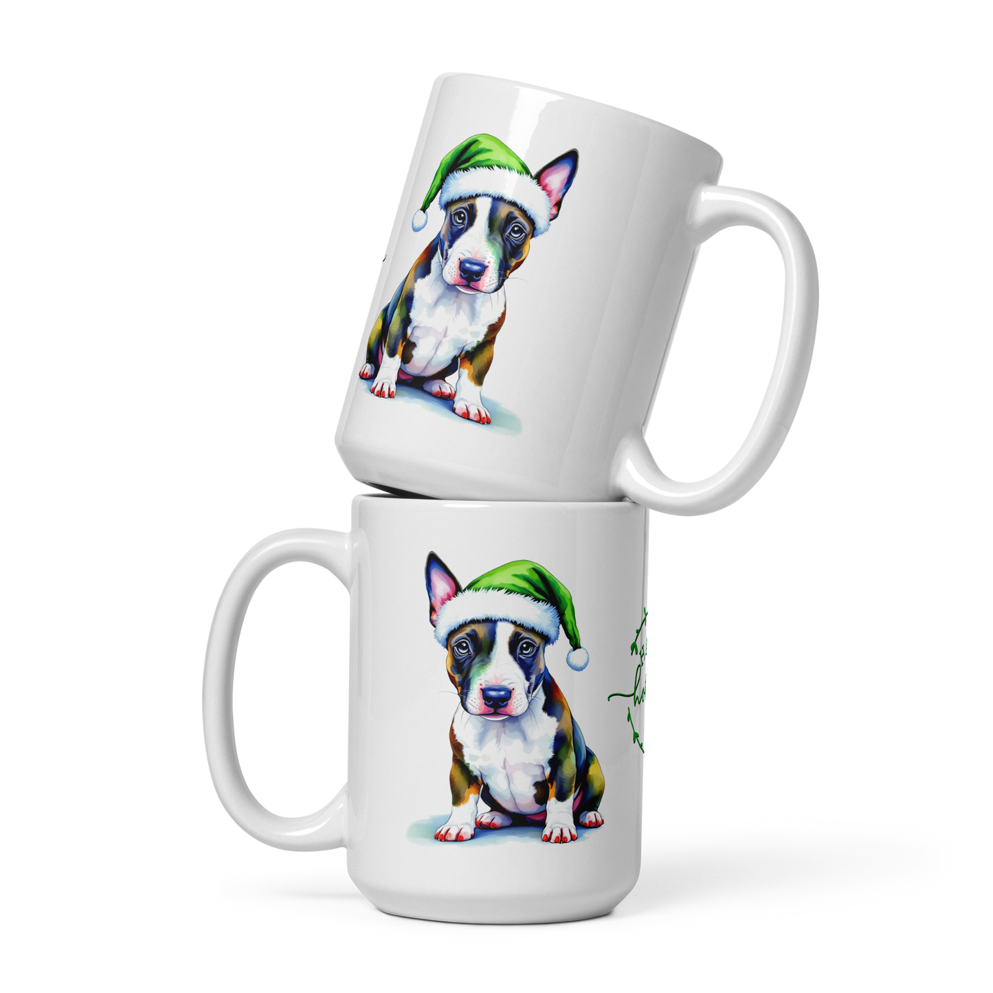 English Bull Terrier Wearing Santa Hat White Glossy Mug