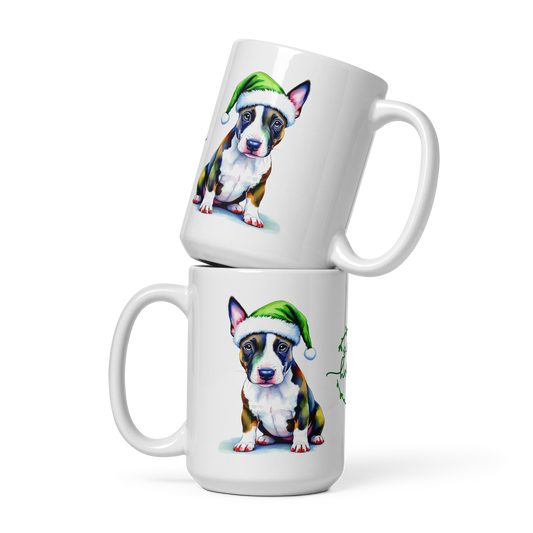 English Bull Terrier Wearing Santa Hat White Glossy Mug