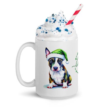 English Bull Terrier Wearing Santa Hat White Glossy Mug