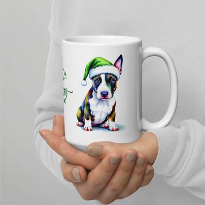 English Bull Terrier Wearing Santa Hat White Glossy Mug