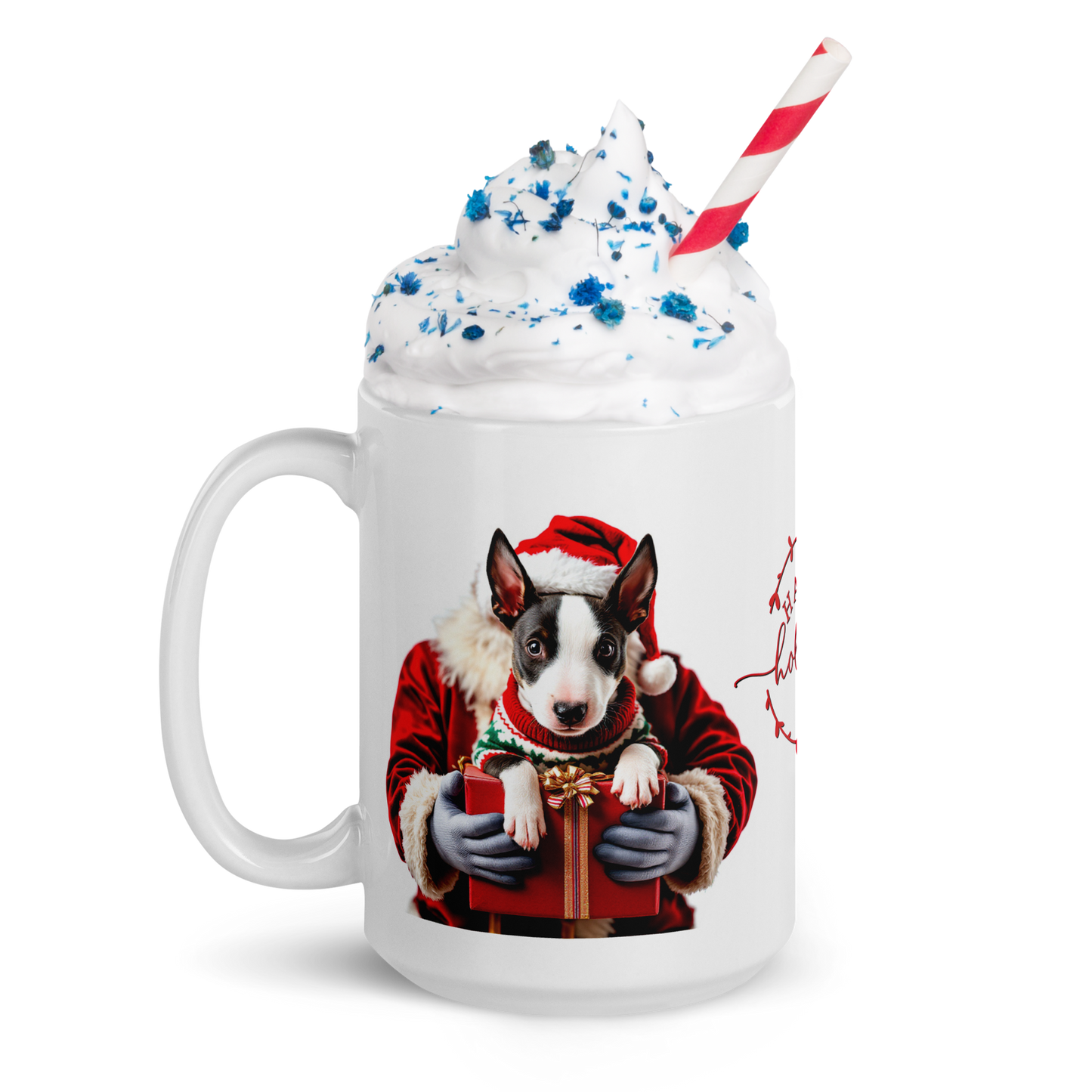 English Bull Terrier Puppy Wearing Ugly Christmas Sweater Glossy White Mug