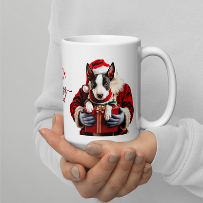 English Bull Terrier Puppy Wearing Ugly Christmas Sweater Glossy White Mug