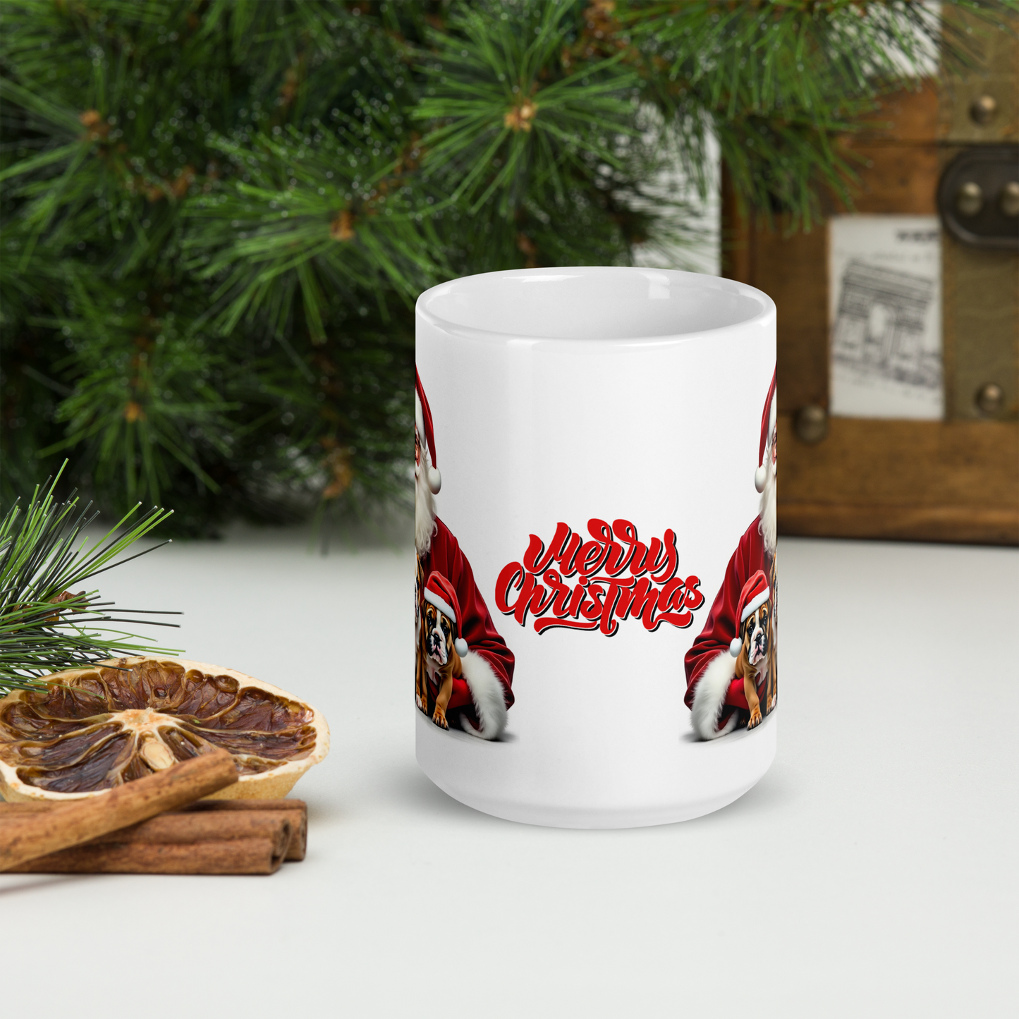 English Bulldog Puppies with Santa Claus Glossy White Mug