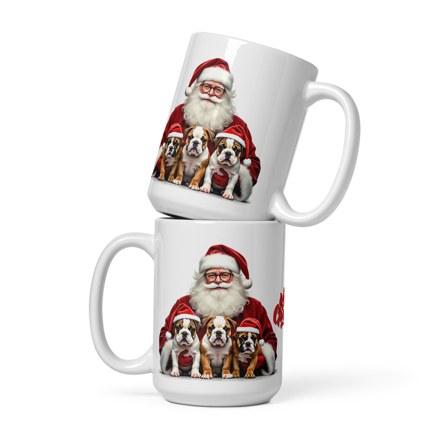 English Bulldog Puppies with Santa Claus Glossy White Mug