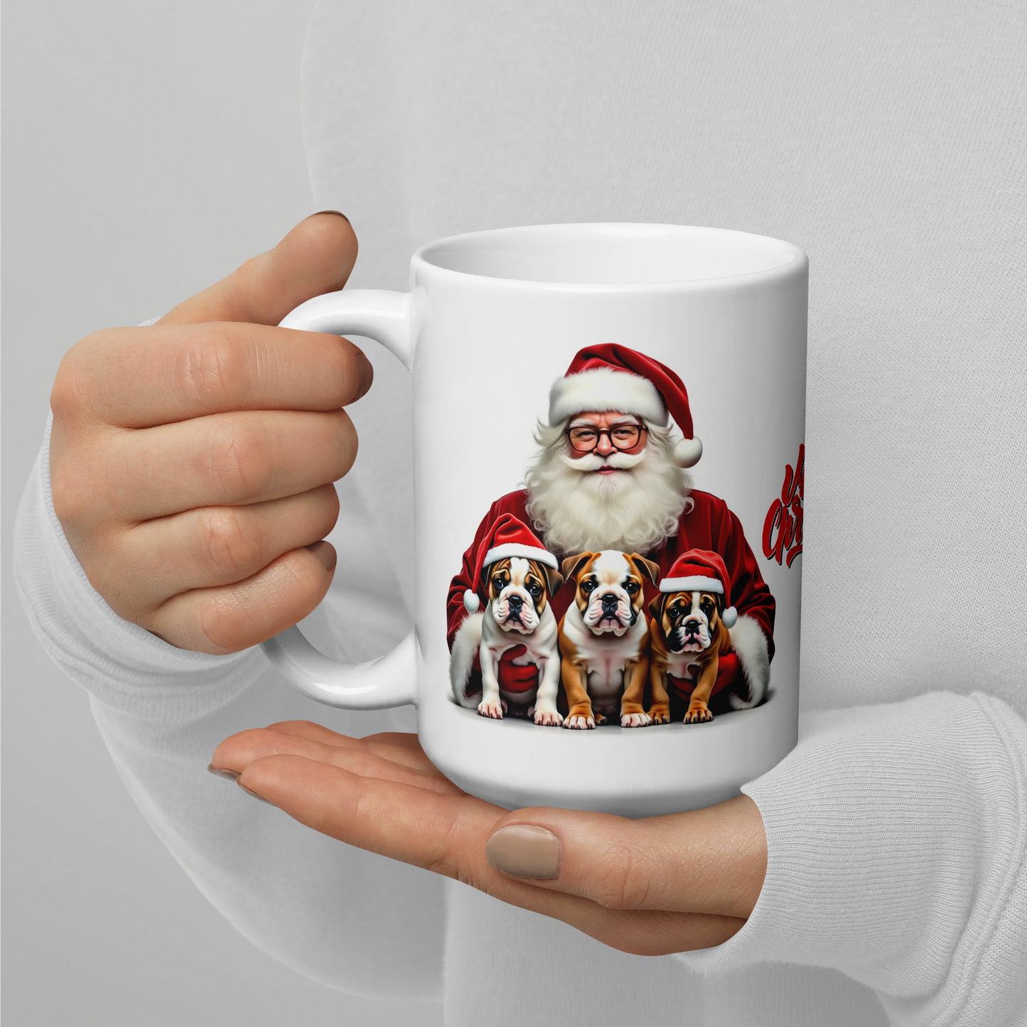 English Bulldog Puppies with Santa Claus Glossy White Mug