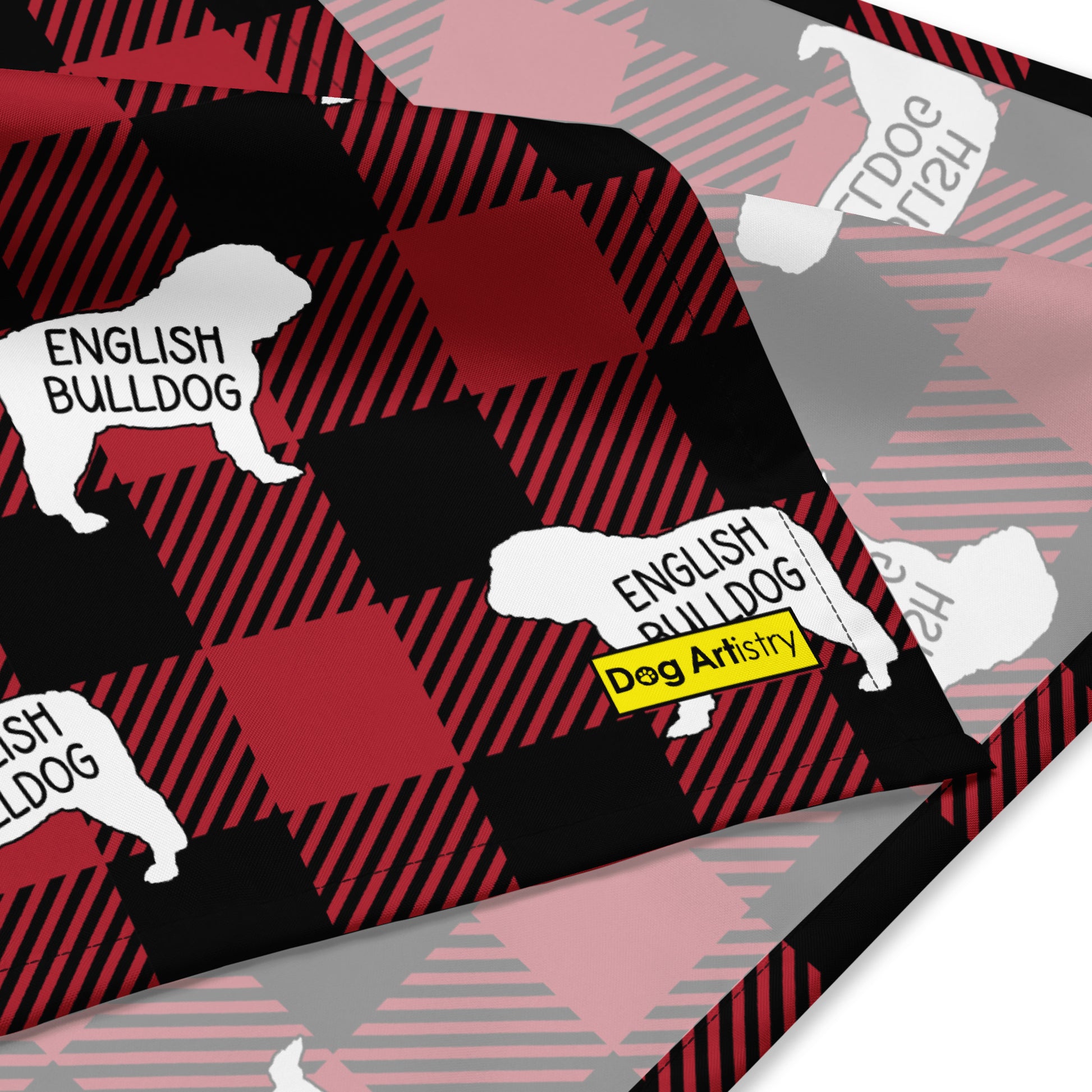 English Bulldog dark red plaid bandana by Dog Artistry. Close up.