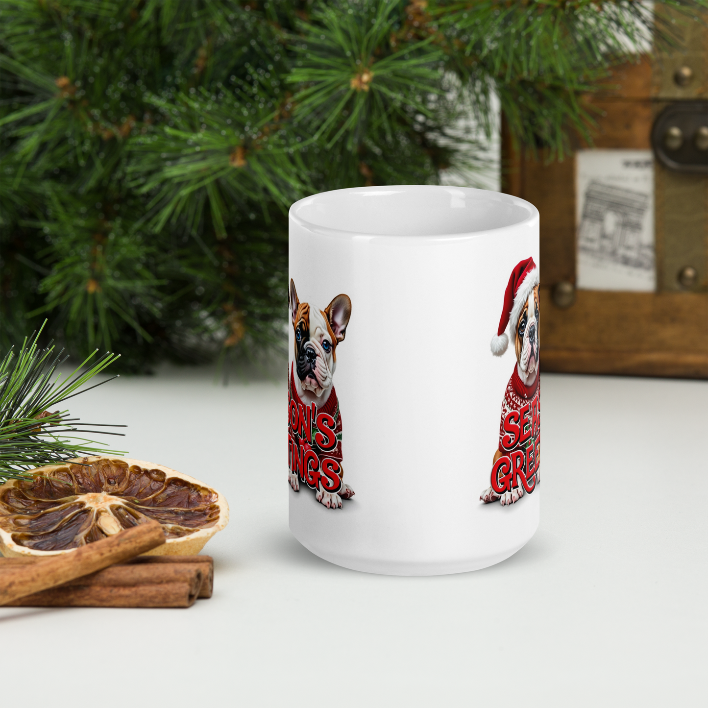 English Bulldog and French Bulldog Season’s Greetings Glossy White Mug