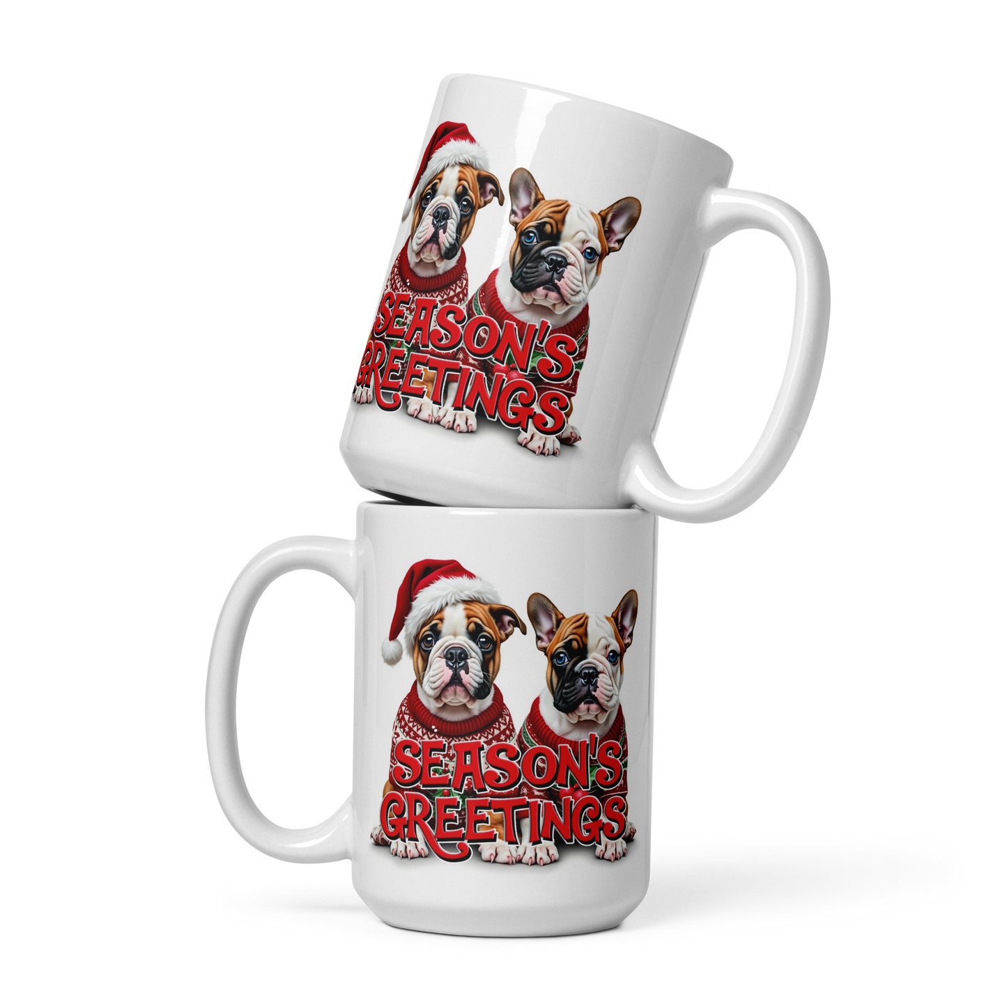 English Bulldog and French Bulldog Season’s Greetings Glossy White Mug