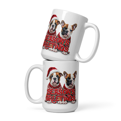 English Bulldog and French Bulldog Season’s Greetings Glossy White Mug