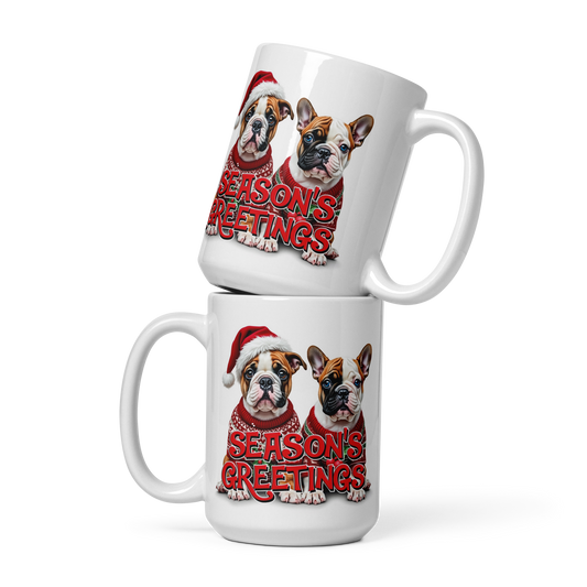 English Bulldog and French Bulldog Season’s Greetings Glossy White Mug