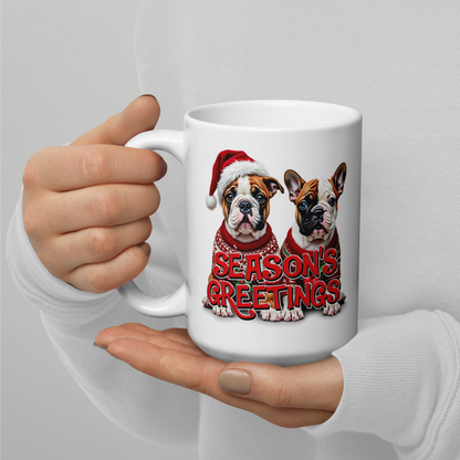 English Bulldog and French Bulldog Season’s Greetings Glossy White Mug