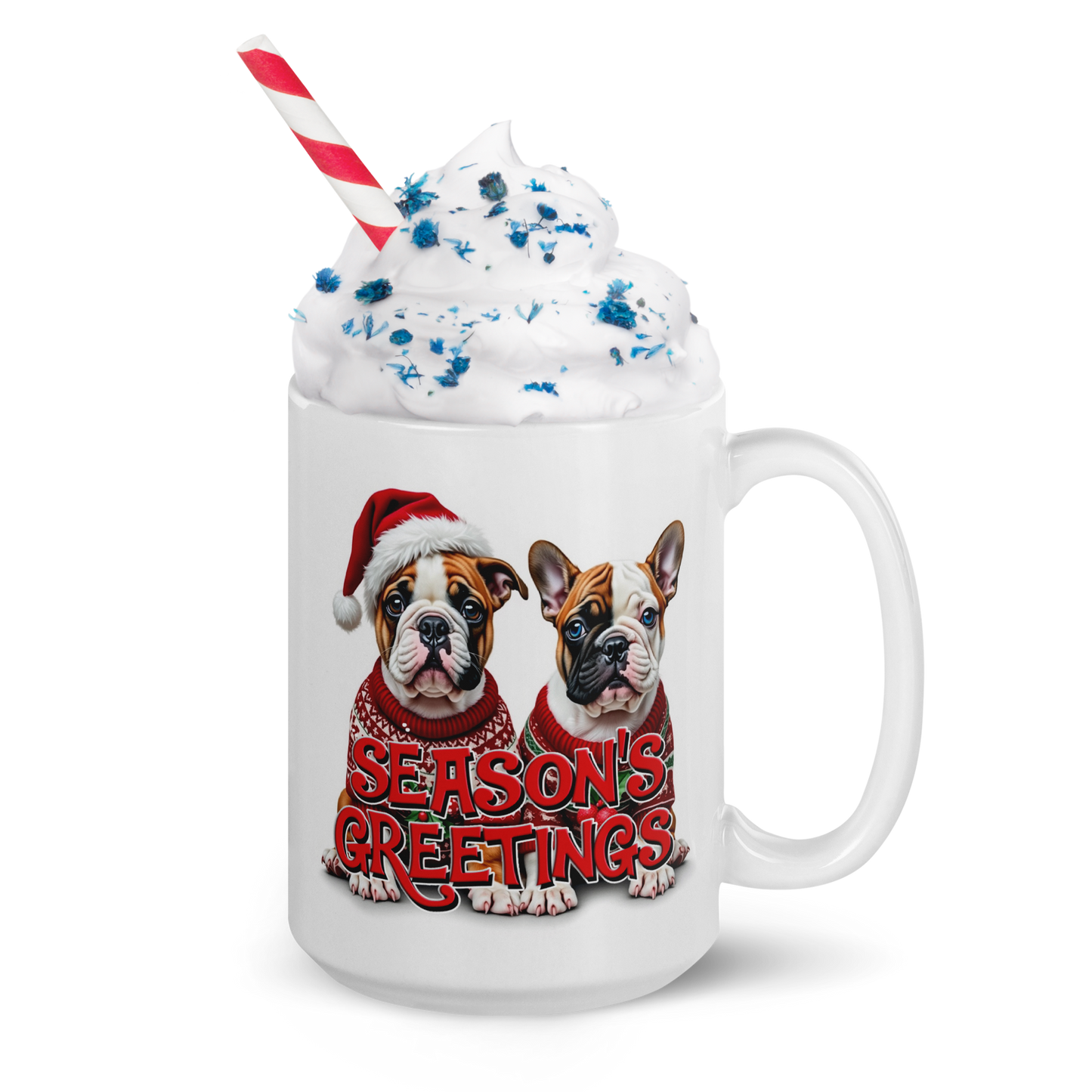 English Bulldog and French Bulldog Season’s Greetings Glossy White Mug