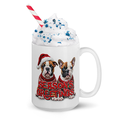 English Bulldog and French Bulldog Season’s Greetings Glossy White Mug