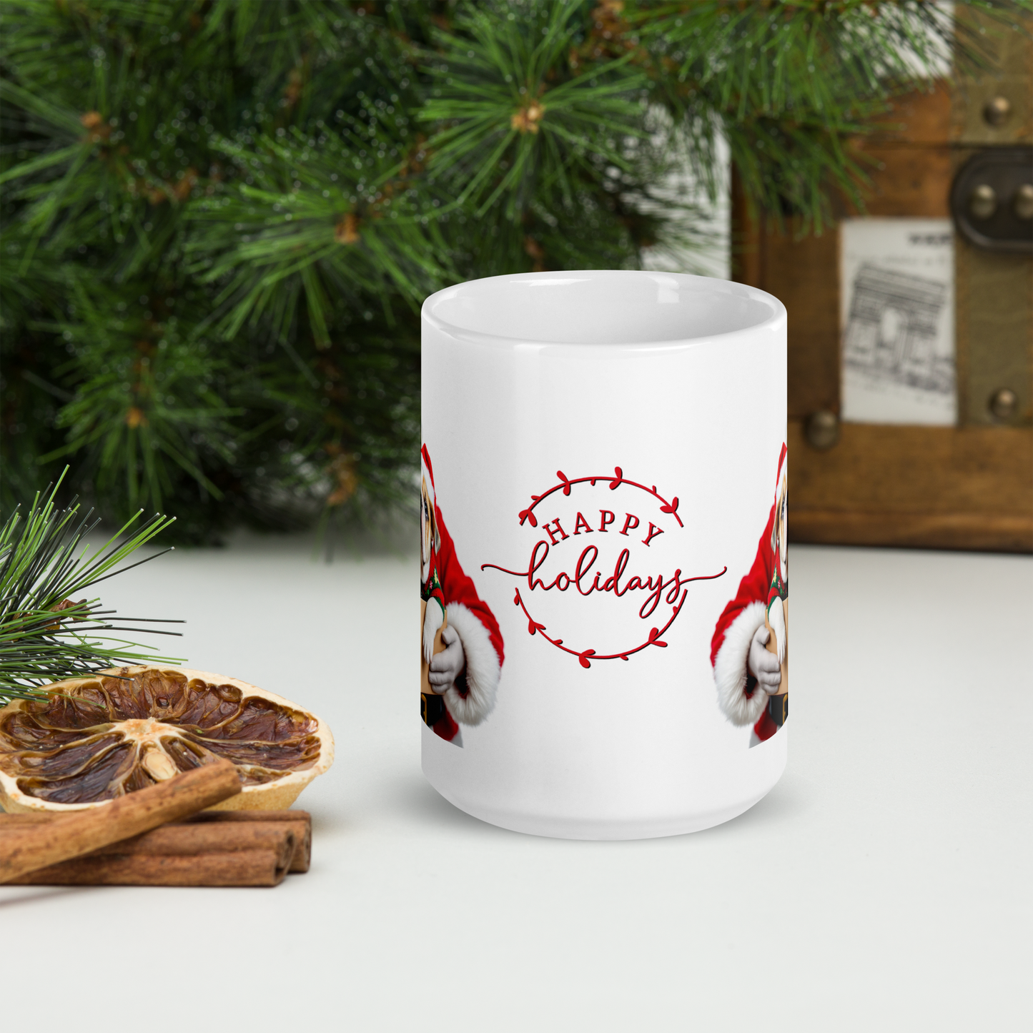 English Bulldog Puppy Wearing Ugly Christmas Sweater and Red Santa Hat Glossy White Mug