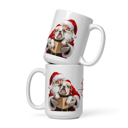 English Bulldog Puppy Wearing Ugly Christmas Sweater and Red Santa Hat Glossy White Mug