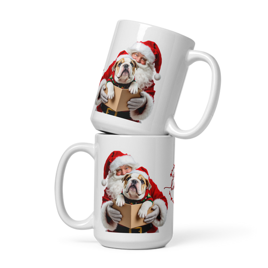 English Bulldog Puppy Wearing Ugly Christmas Sweater and Red Santa Hat Glossy White Mug