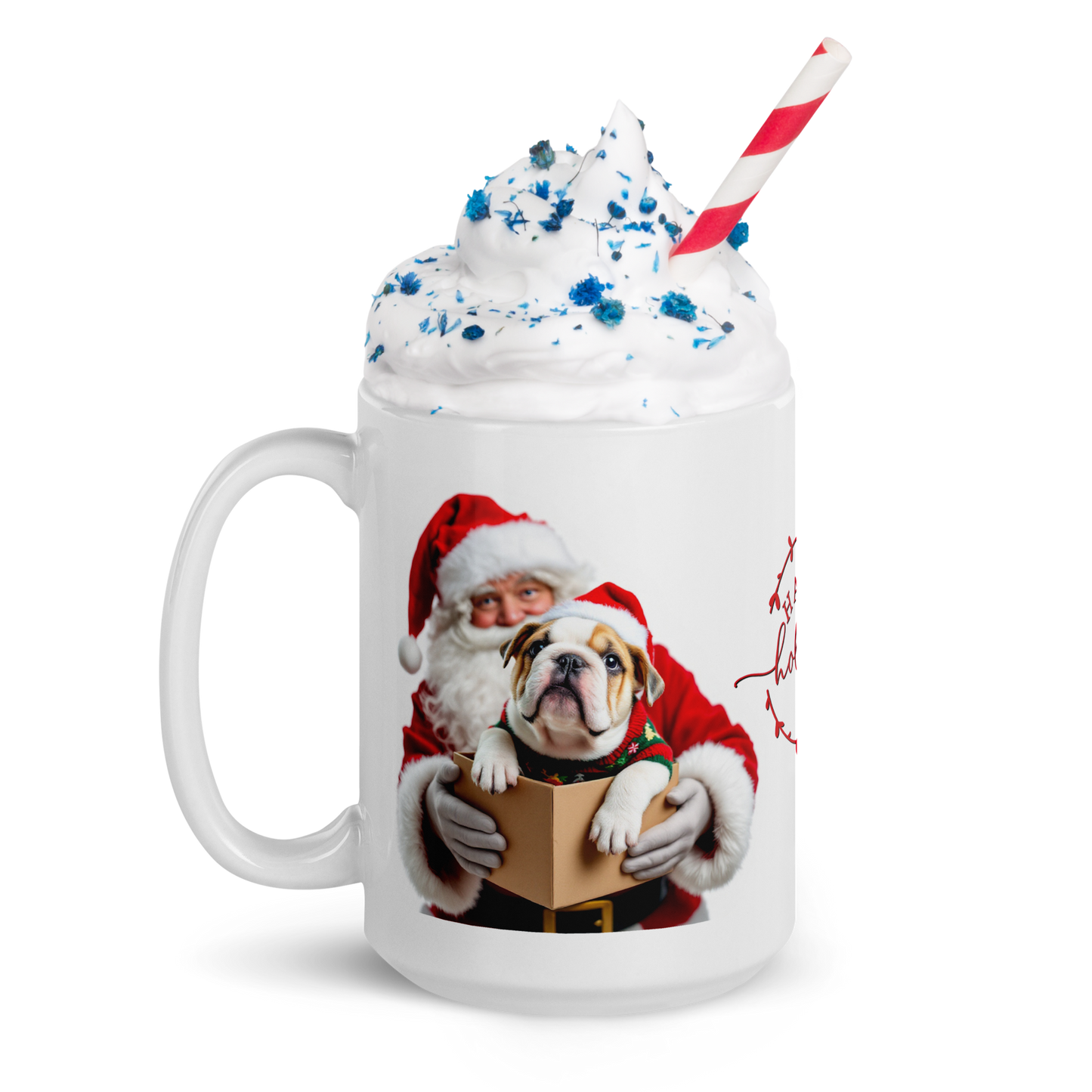 English Bulldog Puppy Wearing Ugly Christmas Sweater and Red Santa Hat Glossy White Mug