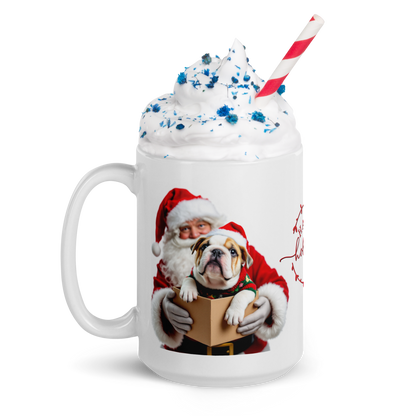 English Bulldog Puppy Wearing Ugly Christmas Sweater and Red Santa Hat Glossy White Mug