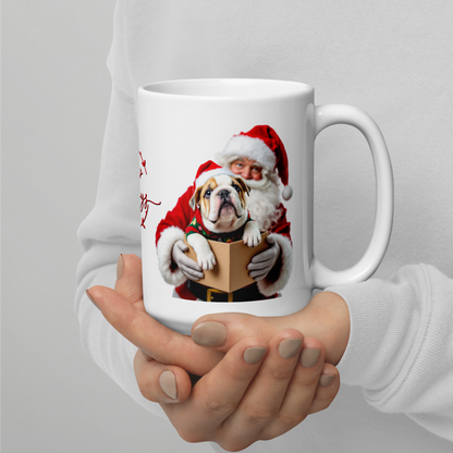 English Bulldog Puppy Wearing Ugly Christmas Sweater and Red Santa Hat Glossy White Mug