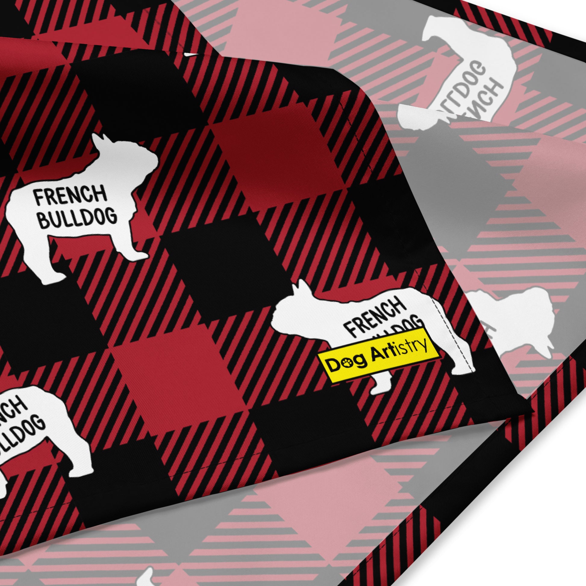 French Bulldog dark red plaid bandana by Dog Artistry. Close up.